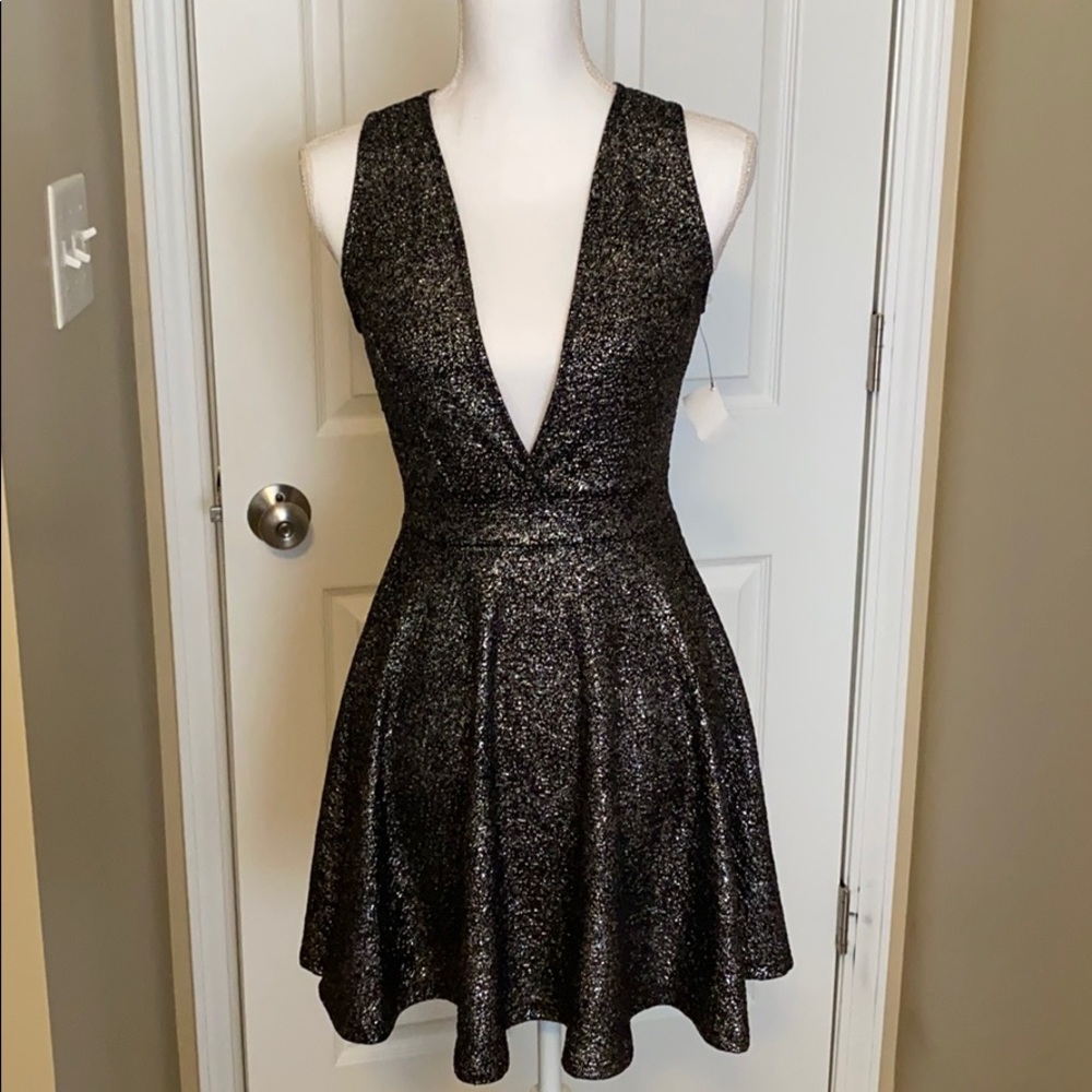 AKIRA Women's Black Silver Deep V Dress NWT